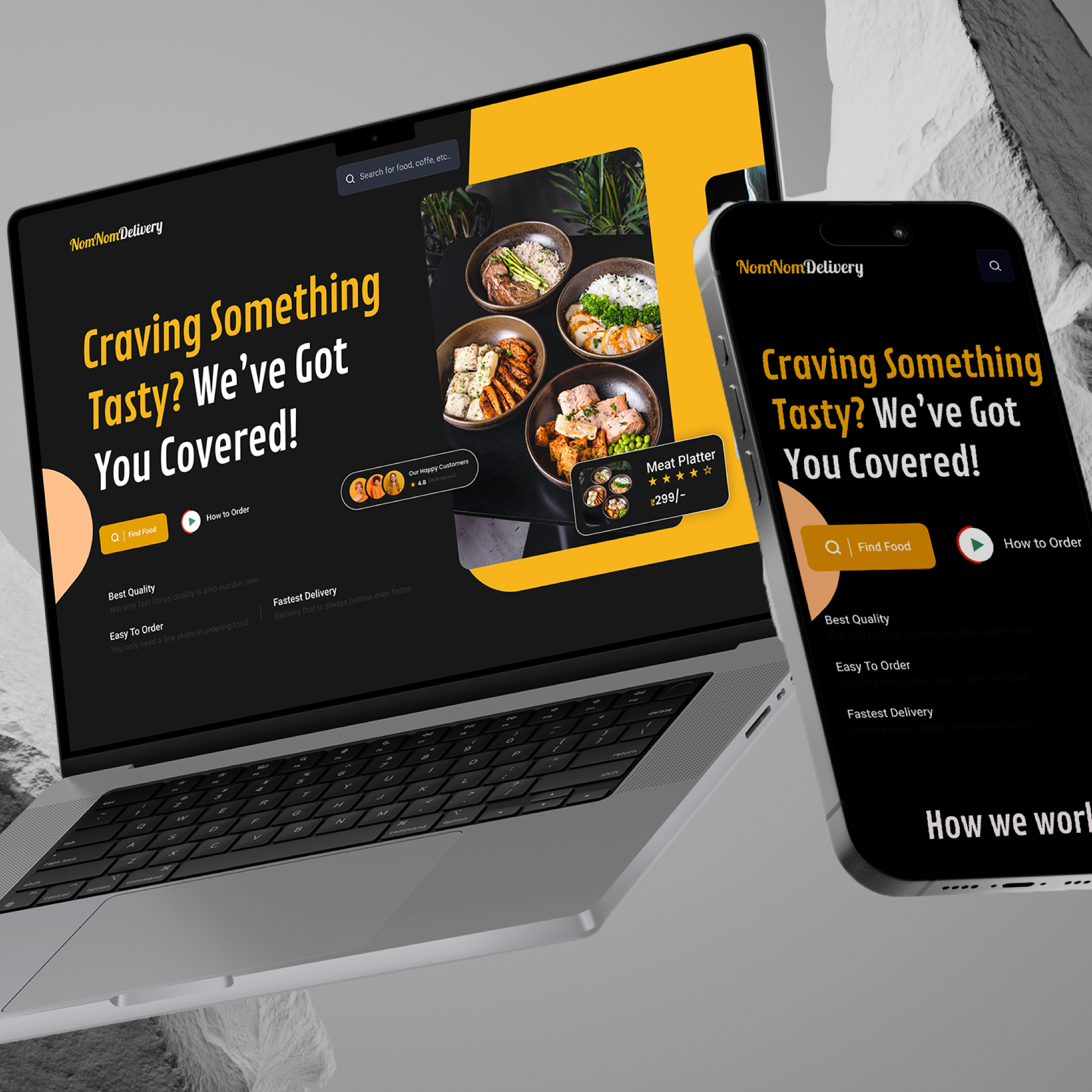 Nom Nom responsive laptop and mobile mockup
